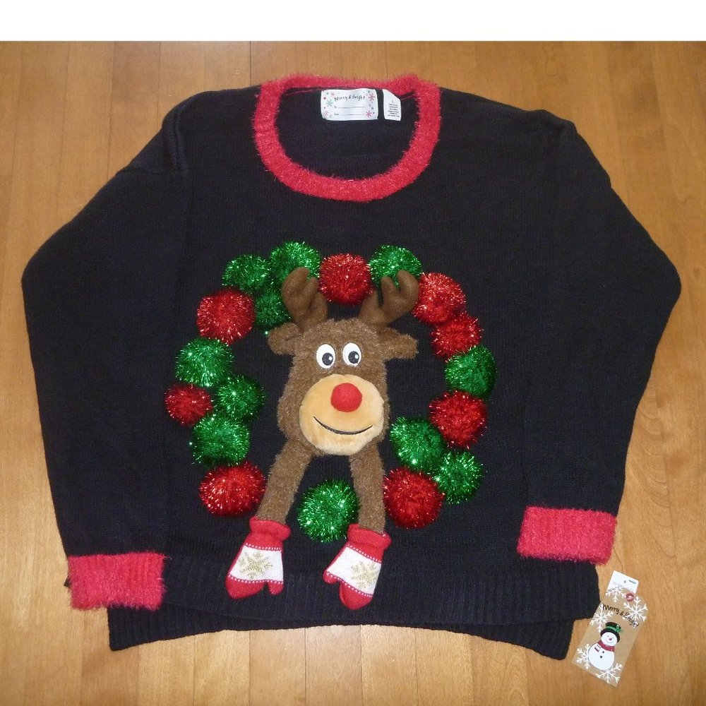 Women's Merry & Bright REINDEER & Wreath Ugly Christmas Sweater Size L 12/14 NWT